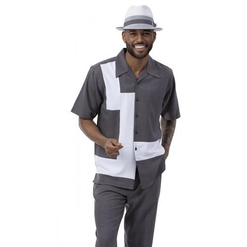 Montique Grey / White Horizontal Lined Short Sleeve Outfit 2077.